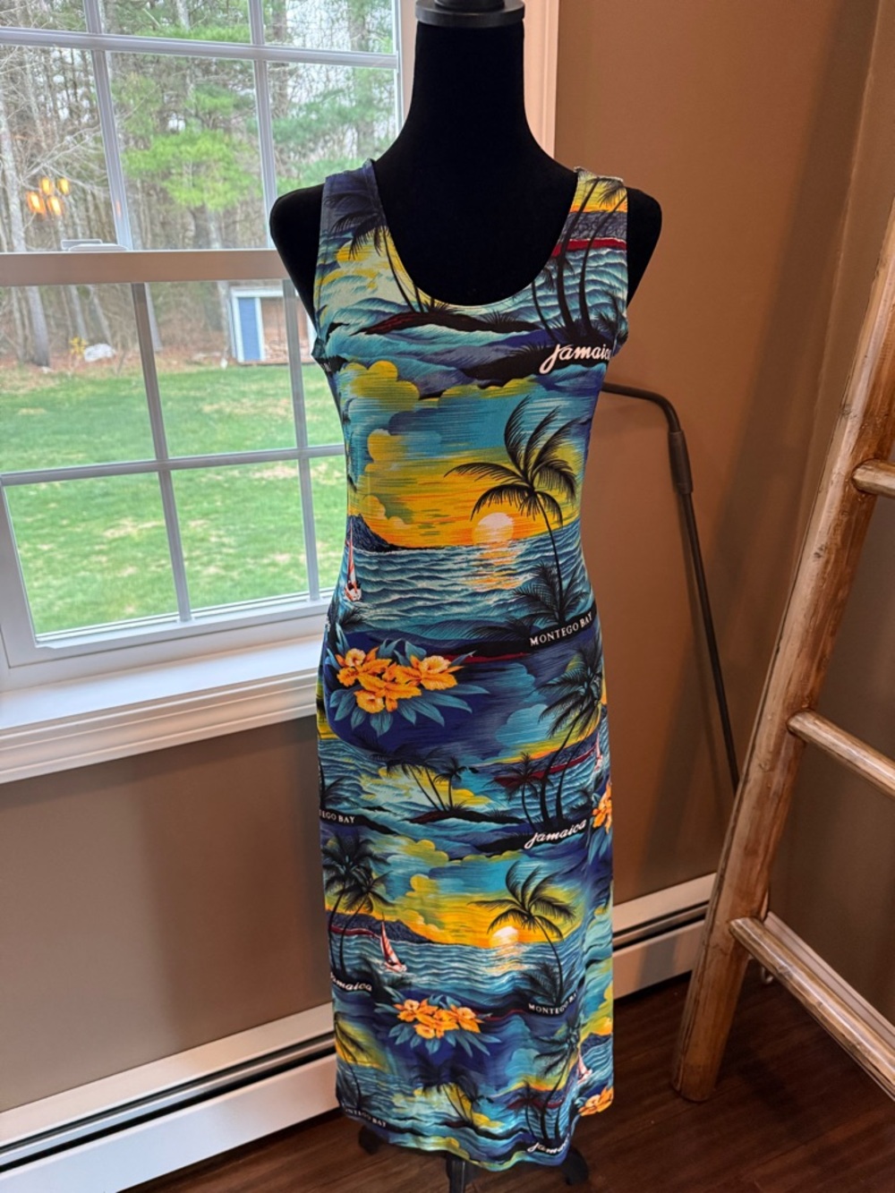 Jamaica Sunset Scoop Neck Maxi Dress in Blue and Yellow